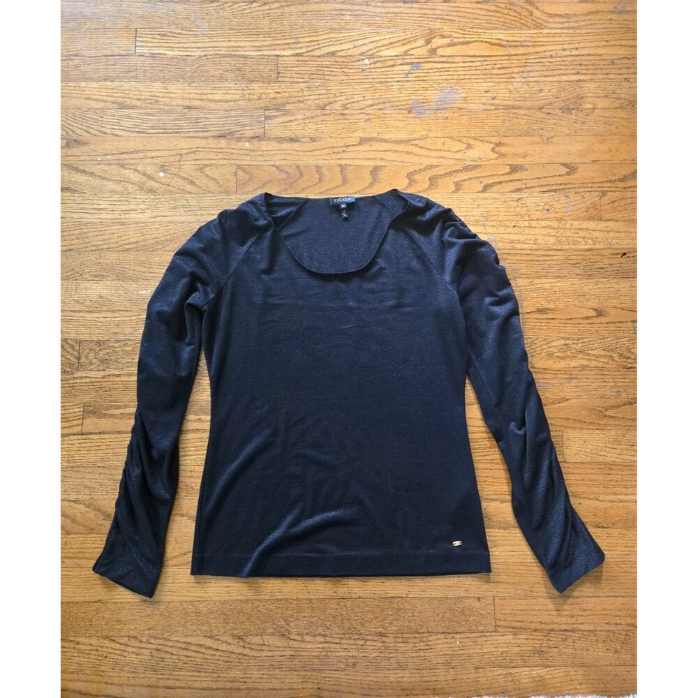 Escada Womens Shimmery Black Rouched Long Sleeve Blouse Size Medium